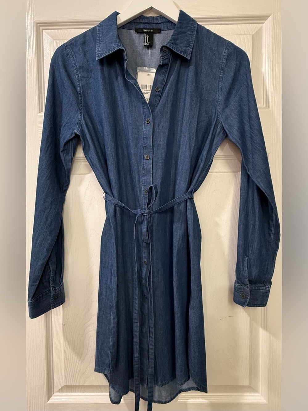 Forever 21 Dark Blue Button-Up Denim Shirt Dress with Waist Tie